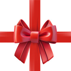 Red ribbon with a bow on the top of square gift box. Design template. 3d vector illustration