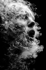 Face covered in smoke shouting or gasping for air on black background. 