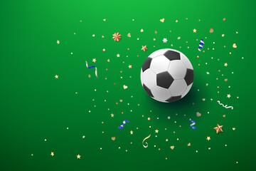 Soccer ball on green background with confetti. 3d vector illustration