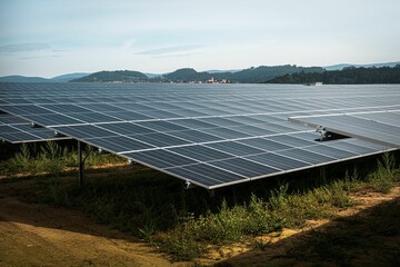 Solar system panels in the large photovoltaic power plant in the green field