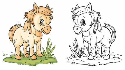 Illustration of a cute, cartoon horse on a meadow in the style of a children's coloring book on a white background. Two illustrations - color and black and white for coloring.