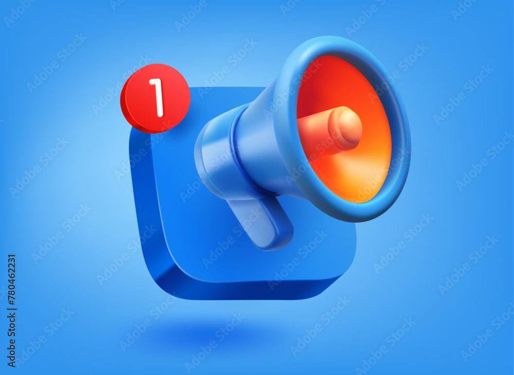 Poster Announcement app concept. 3d vector mobile application icon with notification