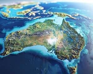 Detailed physical map of Australia with high-resolution. Flatten satellite depiction of Earth's geography, topography in 3D