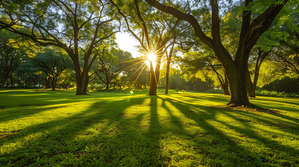 Obraz premium the sun shines through the trees in a forest filled with lush green grass and trees with long shadows on the ground and in the foreground, the sun shining through the trees.