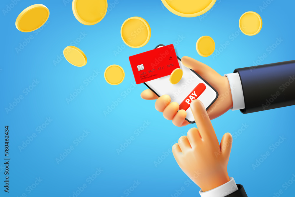 Poster Man using smartphone to pay via internet. 3d vector illustration