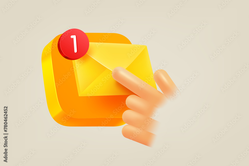 Poster hand pressing button with new message. 3d vector illustration