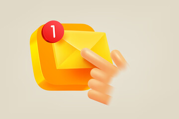 Hand pressing button with new message. 3d vector illustration