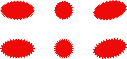 Starburst red sticker set - collection of special offer sale oval and round shaped sunburst labels and badges. Promo stickers with star edges. Vector.