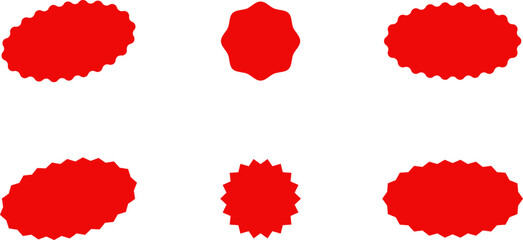 Starburst red sticker set - collection of special offer sale oval and round shaped sunburst labels and badges. Promo stickers with star edges. Vector.