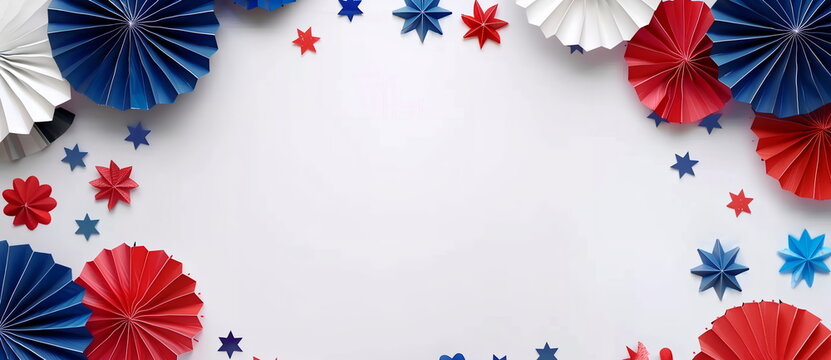 3D red and blue paper fans and stars on white background with copy space. Holiday concept for 4th of July, President's Day, Independence Day, US National Day, Labor Day, Fourth of July