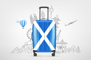 Plastic travel bag with scotch flag and famous world sights. 3d vector concept