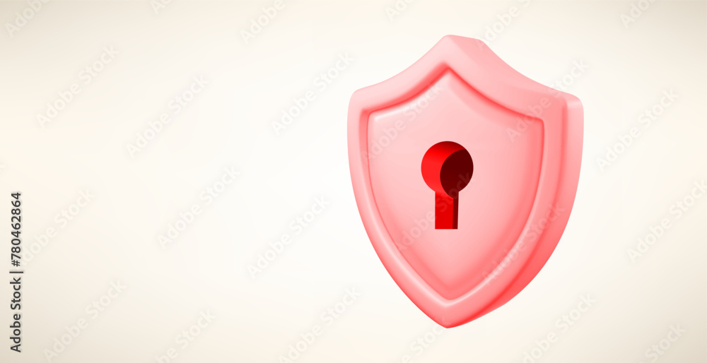 Poster Metal shield with keyhole isolated on white background. 3d vector banner with copy space