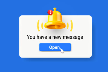 New message concept. Notification bell with exclamation point. Vector 3d illustration