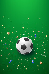 Soccer ball on green background with confetti. 3d vector banner with copy space