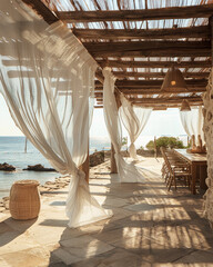 Mediterranean Patio with white veil curtains and table, on a sand beach - 780463023