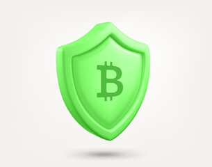 Green shield with bitcoin sign isolated on white background. 3d vector illustration