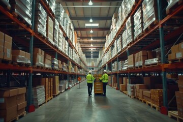 Employees with clipboard and cart inspecting inventory in a well-organized warehouse aisle