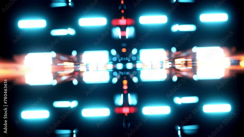 Poster flight through hi-tech technology tunnel with camera shake. neon light, sci-fi constructions, myster