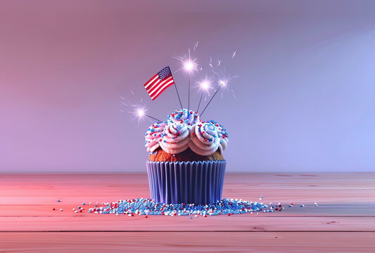 Banner for 4th of July, cupcake with American flag and sparkler. Holiday concept for 4th of July, President's Day, Independence Day, US National Day, Labor Day, Fourth of July