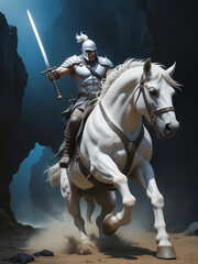 knight with sword on a white horse