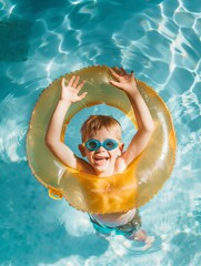 happy little girl wearing swimming goggles and an inflatable ring is playing in the pool on a sunny day. closeup shot of the smiling expressions of children holding toys on their backs, natural light