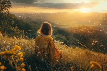 Woman enjoying a sunset in a blooming field, capturing the essence of serenity and travel relaxation - 780464051