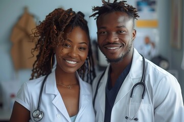 Man and woman in hospital pose together with stethoscope, smiling for picture