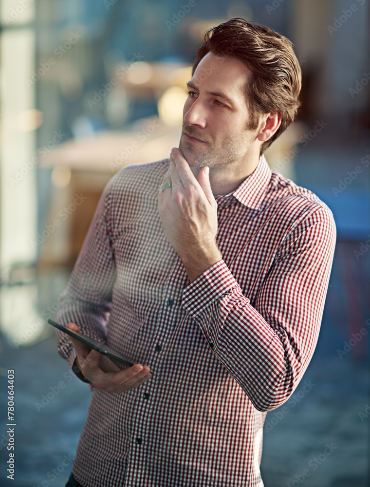 Poster man, thinking and tablet in office for company career and online planning in project management on w