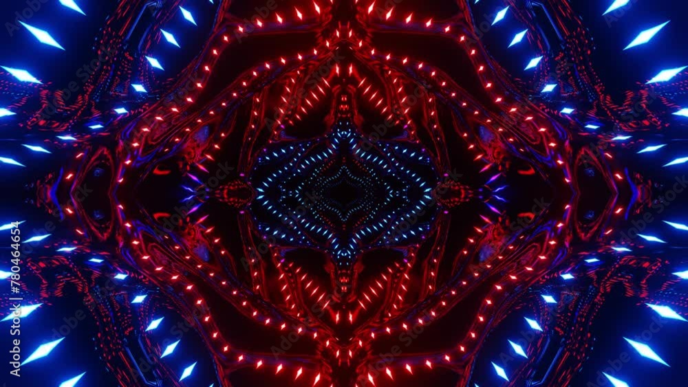 Poster 4k seamless looped animation. fly through mirror symmetrical tunnel with neon pattern, sci fi glow p