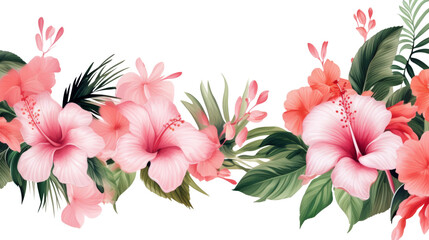 Pink hibiscus and green leaves on transparent background, for decoration border art frame,banner,artwork and for illustration advertising.