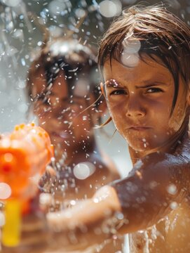 Capturing the wild excitement of a water gun fight, close-up shots reveal determined faces as participants aim their water guns, fully immersed in the action.