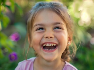 A portrait of a happy little girl laughing with white teeth in a closeup shot. She has blonde hair and is wearing a light blue striped shirt. The background features a soft focus on the beach or park