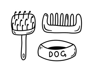 Doodle dog accessories for pets care. Brush, fluff, comb and bowl. Vector hand drawn icons