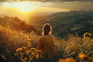 Woman relaxes amidst wildflowers, gazing at a stunning field sunset - 780465040