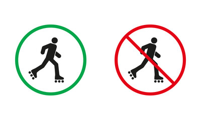 Roller Skate Allowed and Prohibit Silhouette Icons. No Entry On Rollerskate Symbol. Roller Skating Warning Sign Set. Isolated Vector Illustration