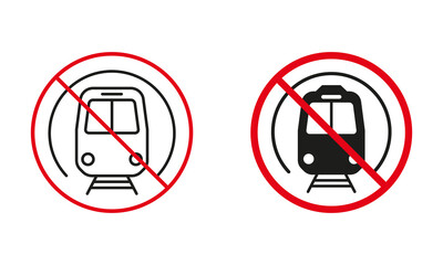 Metro Not Allowed Road Sign. Ban Subway, Train, Underground Station Circle Symbol Set. Prohibit Traffic Red Sign. Railway Transport Line and Silhouette Forbidden Icon. Isolated Vector Illustration