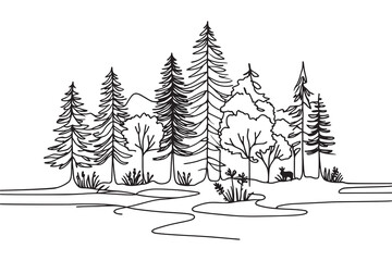 forest in one line. vector illustration of a forest with many trees. graphic illustration