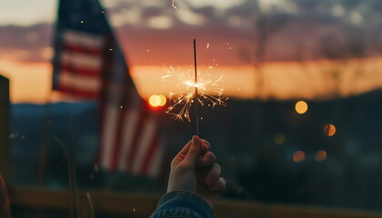 Hand of person holding sparkler in front of American flag at sunset, cinematic style. Holiday concept for 4th of July, President's Day, Independence Day, US National Day, Labor Day, Fourth of July - Powered by Adobe