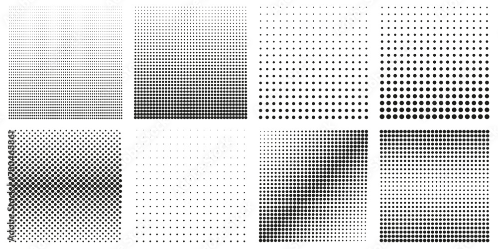 Poster collection of halftone dots patterns. black and white geometric gradients set. isolated vector illus