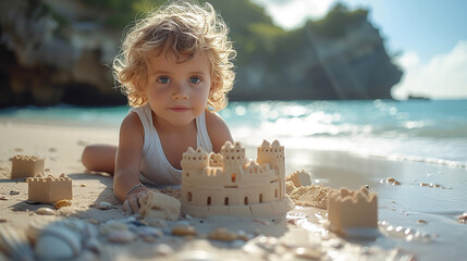 Child playing and making a sand castle in a sunny summer day 
