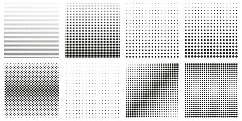 Collection of Halftone Dots Patterns. Black and White Geometric Gradients Set. Isolated Vector Illustration