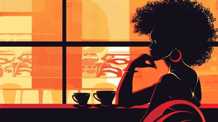 silhouette of a african woman with afro hair in a cafe