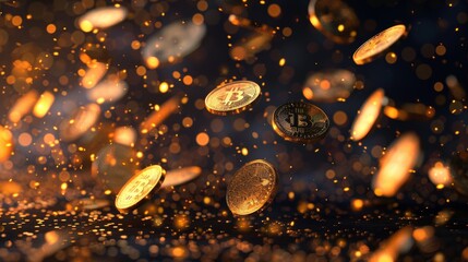 Golden Bitcoin Shower blurred background, A shower of golden Bitcoin coins rains down, highlighted against a dark, shimmering background, capturing the excitement and volatility of cryptocurrency