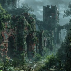 overgrown ruins of an old castle in the forest - obrazy, fototapety, plakaty