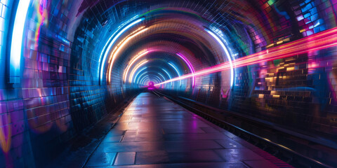 High-speed light trails through the tunnel, 3d colorful blue red pink  oraange glowing grid tunnel with black hole, Cosmic wormhole. Abstract colorful  tunnel banner	
