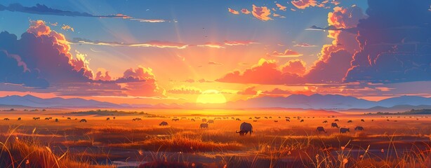 a group of animals in a field with a sunset