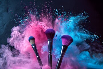 A picture of three make up brushes and pink an blue powder splashes behind the, with a black background, AI Generated. - obrazy, fototapety, plakaty