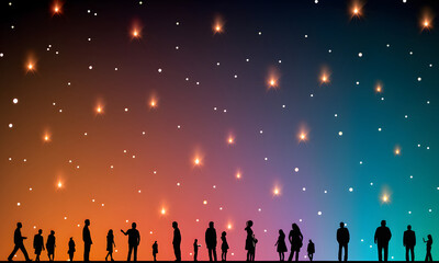 a group of people standing in front of a colorful sky with stars