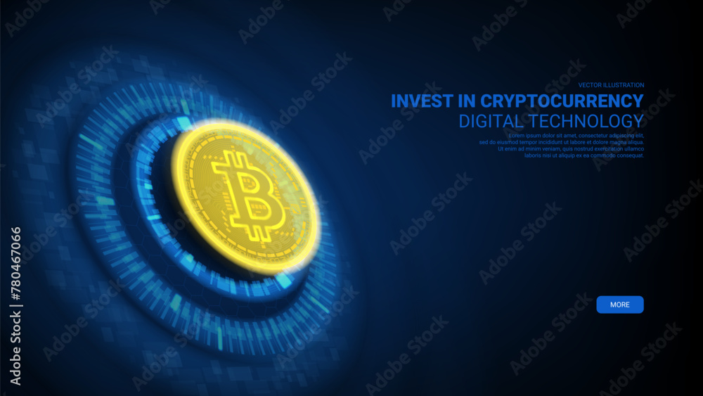 Poster bitcoin futuristic concept banner. vector illustration with glowing bitcoin and abstract digital ele