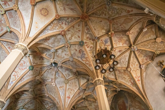 detailed ceiling in medieval church in Skofja Loka, Slovenia